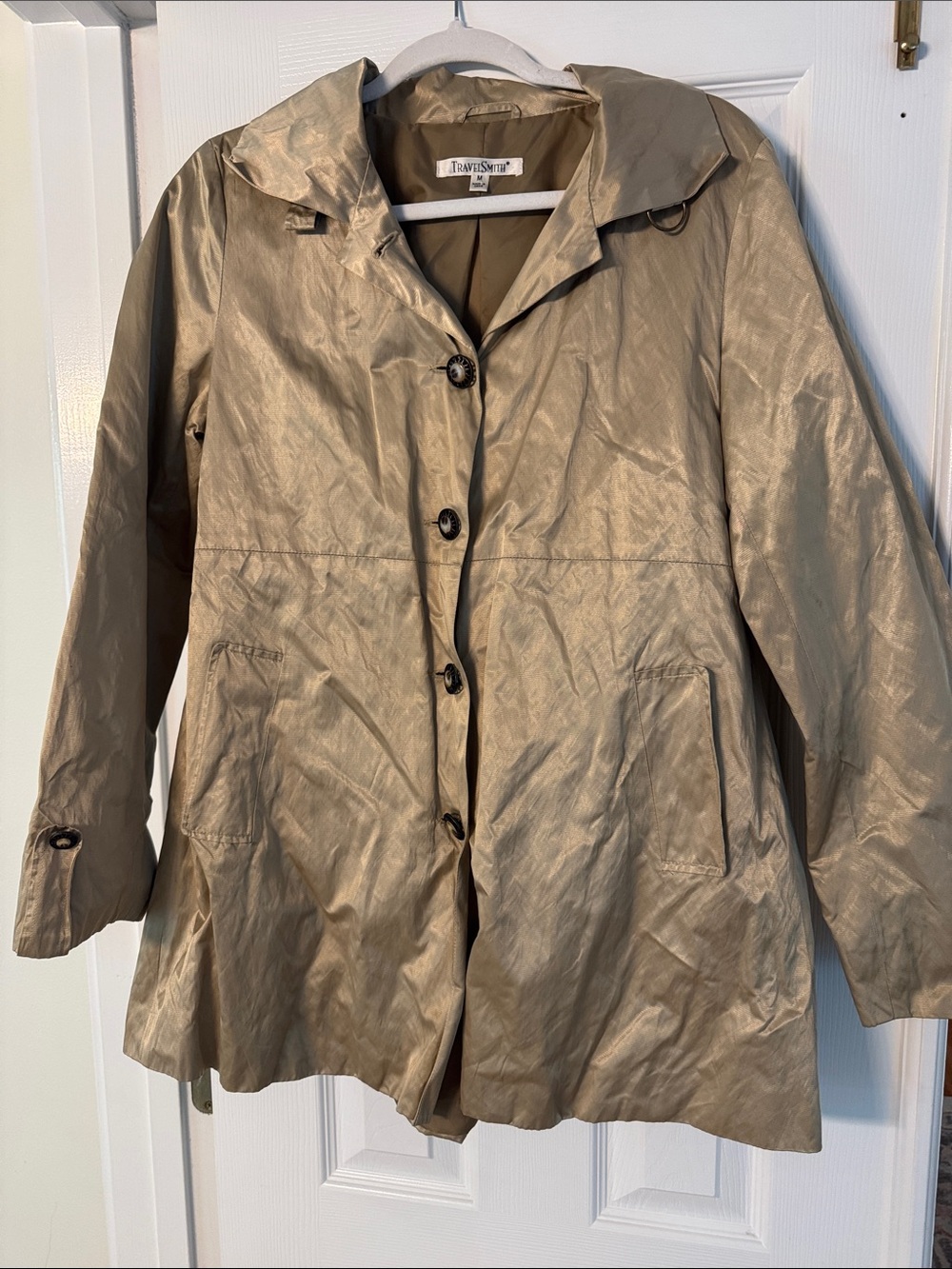 TravelSmith Women's Shimmery Tan Hooded Trench Coat